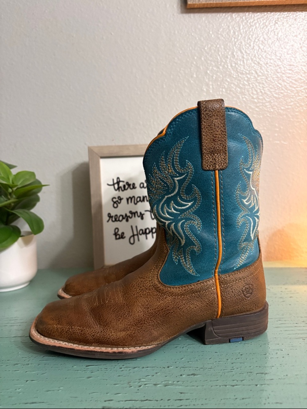 Kids Teal & Brown Western Cowboy Boots - Timberland Style